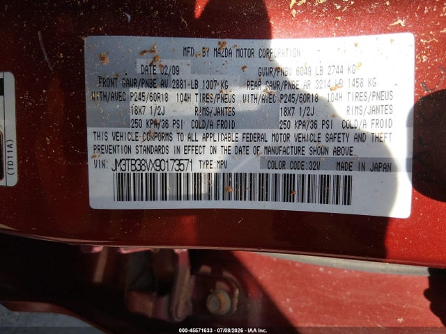 45571633 :رقم المزاد ، JM3TB38VX90173571 vin ، 2009 Mazda Cx-9 Sport مزاد بيع