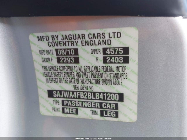 Aukcja sprzedaży 2011 Jaguar Xk, vin: SAJWA4FB2BLB41200, numer aukcji: 45571635