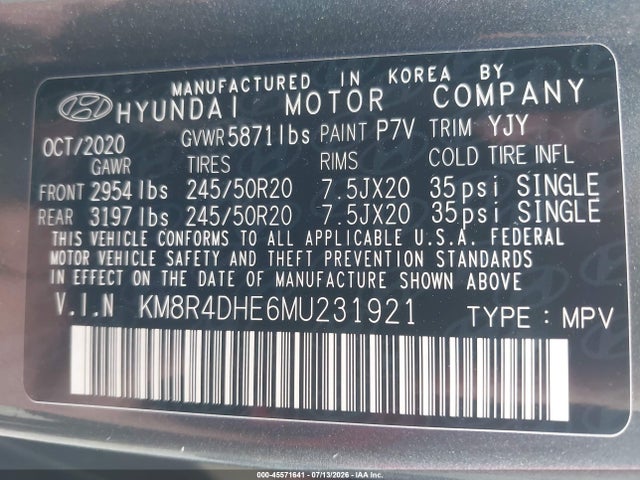 2021 Hyundai Palisade Sel მანქანა იყიდება აუქციონზე, vin: KM8R4DHE6MU231921, აუქციონის ნომერი: 45571641