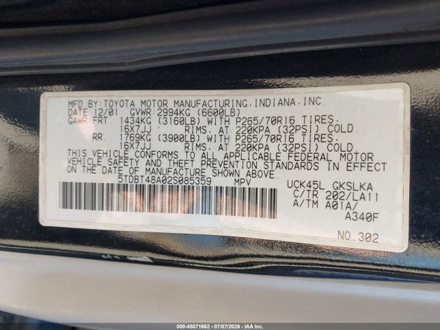 2002 Toyota Sequoia Limited V8 მანქანა იყიდება აუქციონზე, vin: 5TDBT48A02S085359, აუქციონის ნომერი: 45571662