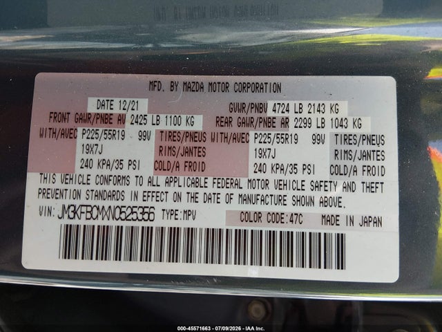 45571663 :رقم المزاد ، JM3KFBCMXN0525356 vin ، 2022 Mazda Cx-5 2.5 S Carbon Edition مزاد بيع