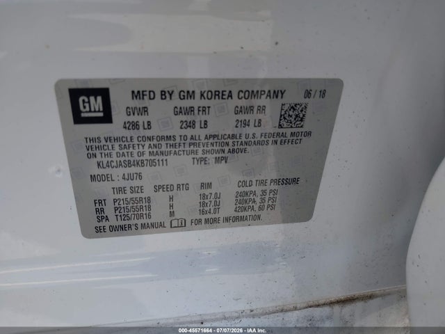 45571664 :رقم المزاد ، KL4CJASB4KB705111 vin ، 2019 Buick Encore Fwd Preferred مزاد بيع