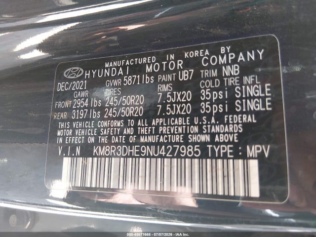 KM8R3DHE9NU427985 Hyundai Palisade Sel