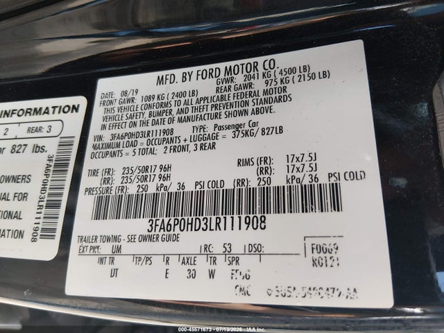 2020 Ford Fusion Se მანქანა იყიდება აუქციონზე, vin: 3FA6P0HD3LR111908, აუქციონის ნომერი: 45571673