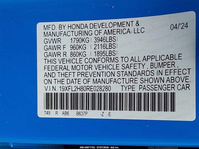 Honda Civic Sport 2024 19XFL2H80RE028280 Image 9