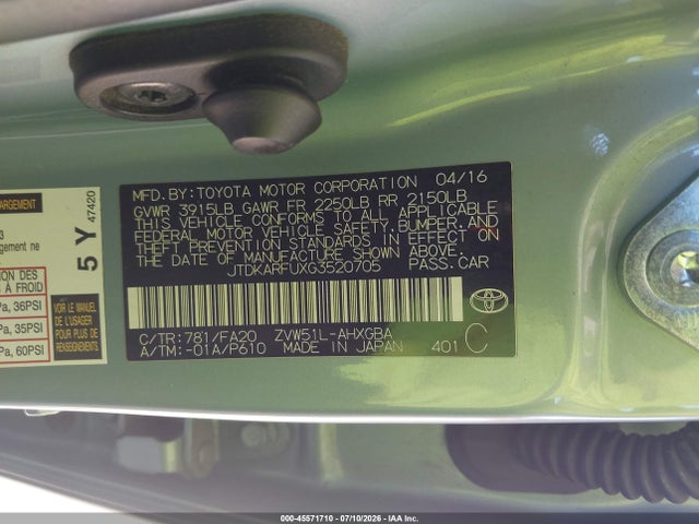 Toyota Prius Three 2016 JTDKARFUXG3520705 Image 9