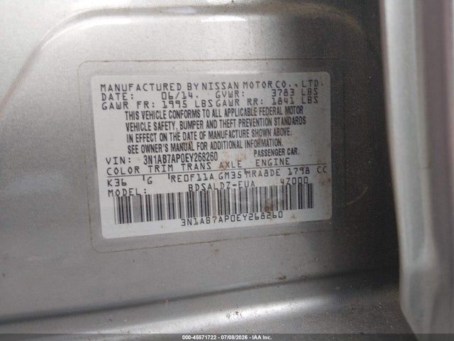 45571722 :رقم المزاد ، 3N1AB7AP0EY268260 vin ، 2014 Nissan Sentra Sv مزاد بيع