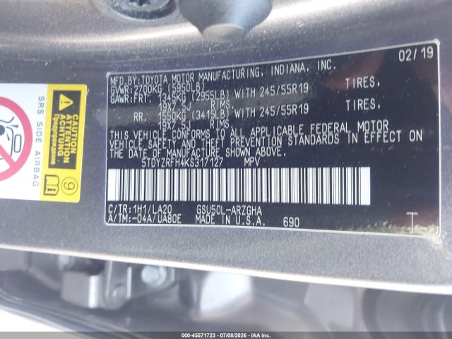 Продажа на аукционе авто 2019 Toyota Highlander Limited, vin: 5TDYZRFH4KS317127, номер лота: 45571723