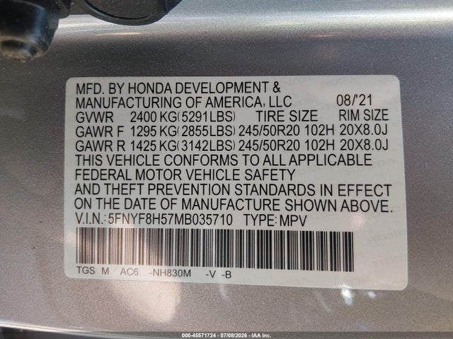 2021 Honda Passport Awd Ex-l მანქანა იყიდება აუქციონზე, vin: 5FNYF8H57MB035710, აუქციონის ნომერი: 45571724
