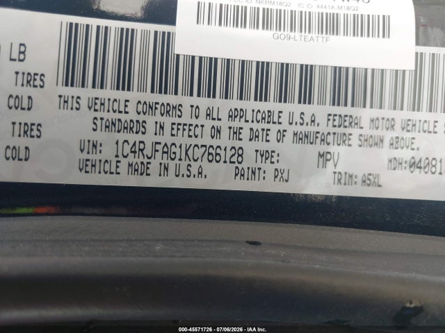 Aukcja sprzedaży 2019 Jeep Grand Cherokee Laredo E 4x4, vin: 1C4RJFAG1KC766128, numer aukcji: 45571726