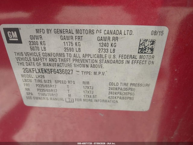 Aukcja sprzedaży 2015 Gmc Terrain Slt-1, vin: 2GKFLXEK5F6436027, numer aukcji: 45571728