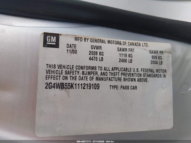 Продажа на аукционе авто 2001 Buick Regal Ls, vin: 2G4WB55K111219109, номер лота: 45571771
