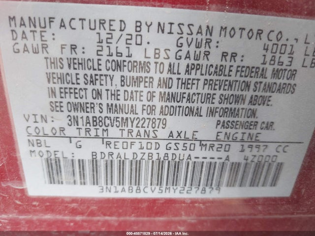 3N1AB8CV5MY227879 Nissan Sentra Sv Xtronic Cvt