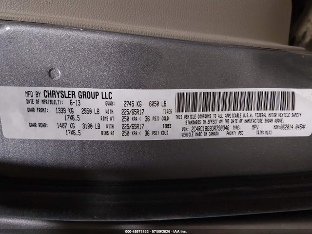 45571833 :رقم المزاد ، 2C4RC1BG9DR798346 vin ، 2013 Chrysler Town & Country Touring مزاد بيع