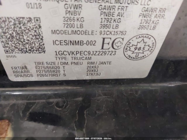45571869 :رقم المزاد ، 1GCVKPEC9JZ229723 vin ، 2018 Chevrolet Silverado 1500 Custom مزاد بيع