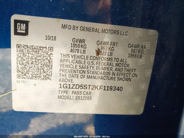 Продаж на аукціоні авто 2019 Chevrolet Malibu Lt, vin: 1G1ZD5ST2KF119340, номер лоту: 45571876