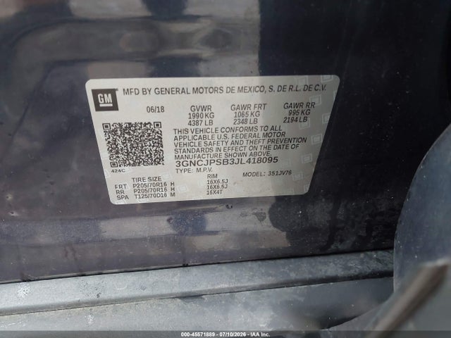Aukcja sprzedaży 2018 Chevrolet Trax Lt, vin: 3GNCJPSB3JL418095, numer aukcji: 45571889