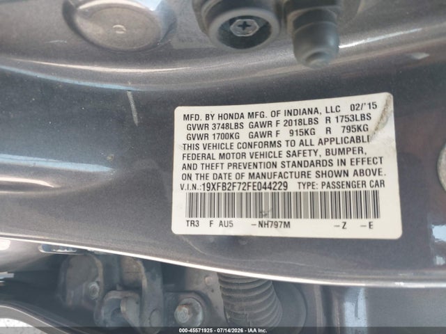 Продажа на аукционе авто 2015 Honda Civic Se, vin: 19XFB2F72FE044229, номер лота: 45571925