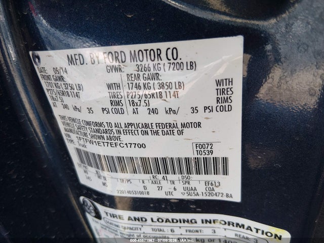 Продажа на аукционе авто 2014 Ford F-150 Xlt, vin: 1FTFW1ET7EFC17700, номер лота: 45571962