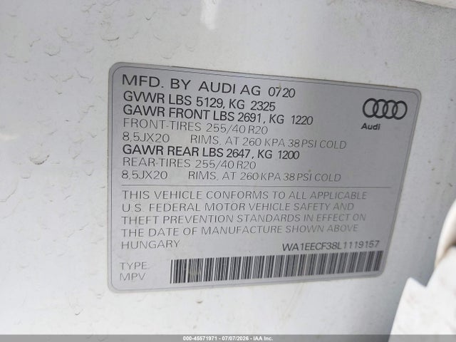 45571971 :رقم المزاد ، WA1EECF38L1119157 vin ، 2020 Audi Q3 Premium Plus 45 Tfsi S Line Quattro Tiptronic مزاد بيع