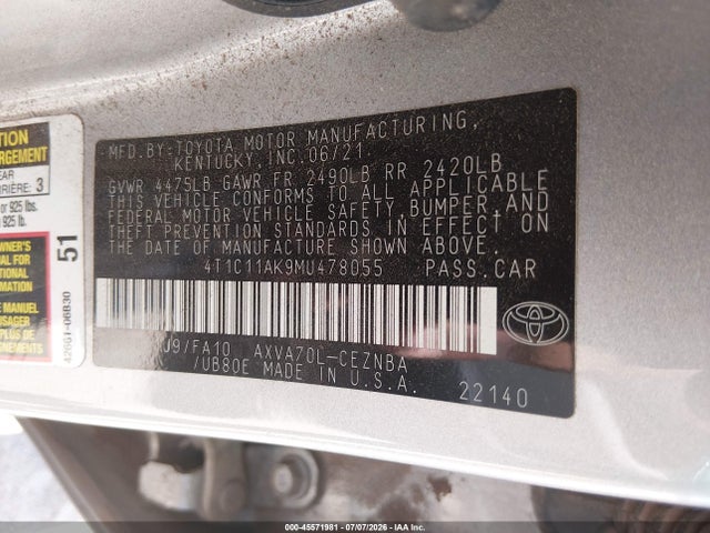 4T1C11AK9MU478055 Toyota CAMRY LE