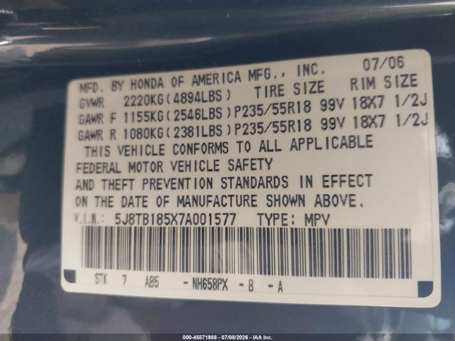 45571988 :رقم المزاد ، 5J8TB185X7A001577 vin ، 2007 Acura Rdx مزاد بيع