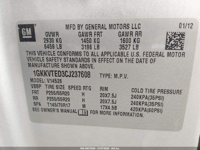 Продажа на аукционе авто 2012 Gmc Acadia Denali, vin: 1GKKVTED3CJ237608, номер лота: 45572026