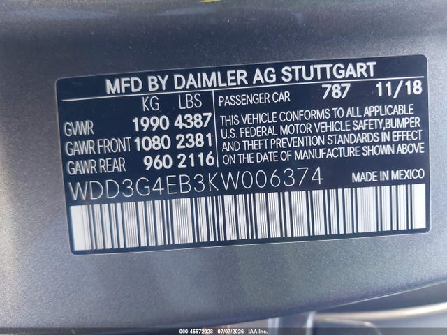 WDD3G4EB3KW006374 Mercedes-Benz A 220