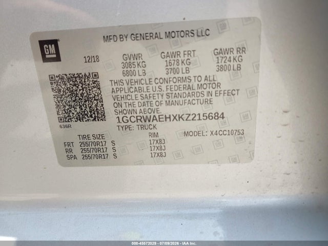 45572029 :رقم المزاد ، 1GCRWAEHXKZ215684 vin ، 2019 Chevrolet Silverado 1500 Work Truck مزاد بيع