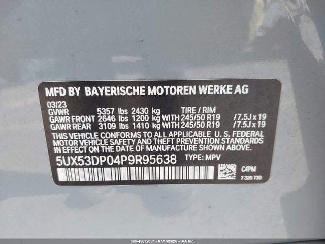45572031 :رقم المزاد ، 5UX53DP04P9R95638 vin ، 2023 Bmw X3 Xdrive30i مزاد بيع