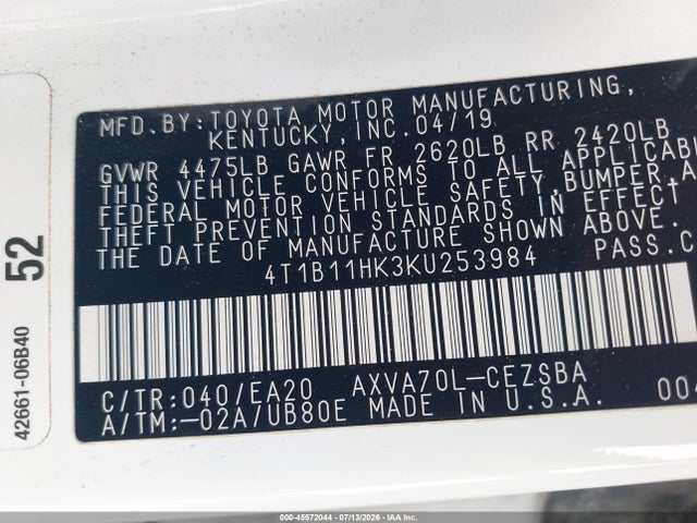 4T1B11HK3KU253984 Toyota CAMRY SE