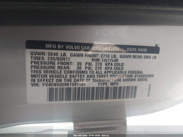 2006 Volvo Xc90 2.5t მანქანა იყიდება აუქციონზე, vin: YV4CN592861301101, აუქციონის ნომერი: 45572048