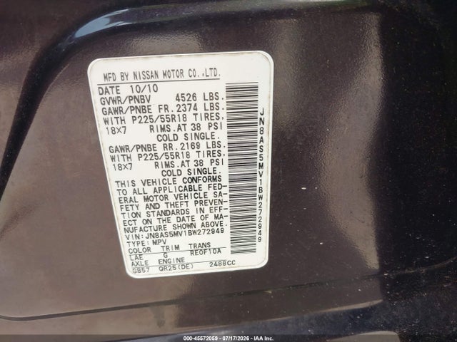 45572059 :رقم المزاد ، JN8AS5MV1BW272949 vin ، 2011 Nissan Rogue Sv مزاد بيع