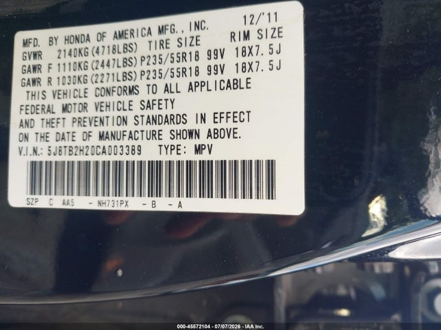 2012 Acura Rdx მანქანა იყიდება აუქციონზე, vin: 5J8TB2H20CA003389, აუქციონის ნომერი: 45572104