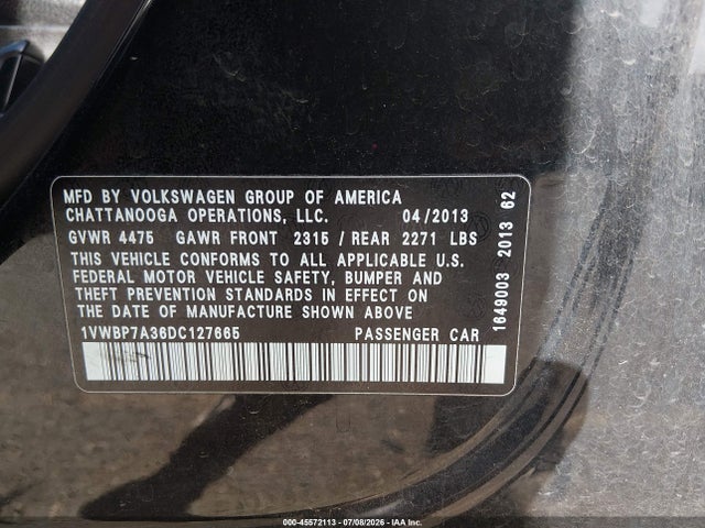 2013 Volkswagen Passat 2.5l Se მანქანა იყიდება აუქციონზე, vin: 1VWBP7A36DC127665, აუქციონის ნომერი: 45572113