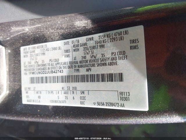 Aukcja sprzedaży 2018 Ford Escape Se, vin: 1FMCU9GD2JUB42743, numer aukcji: 45572115