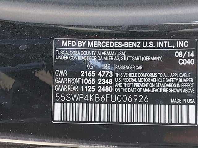 Aukcja sprzedaży 2015 Mercedes-benz C 300 4matic/luxury 4matic/sport 4matic, vin: 55SWF4KB6FU006926, numer aukcji: 45572130