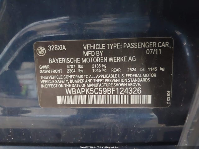 2011 Bmw 328i Xdrive მანქანა იყიდება აუქციონზე, vin: WBAPK5C59BF124326, აუქციონის ნომერი: 45572181