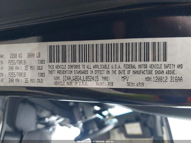 45572188 :رقم المزاد ، 1C4AJWBG4JL852415 vin ، 2018 Jeep Wrangler Jk Sahara 4x4 مزاد بيع