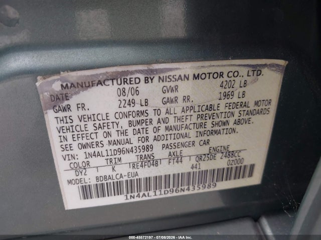 2006 Nissan Altima 2.5 S მანქანა იყიდება აუქციონზე, vin: 1N4AL11D96N435989, აუქციონის ნომერი: 45572197