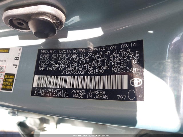 Toyota Prius Two 2015 JTDKN3DU2F1881599 Image 9