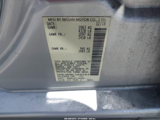 Продажа на аукционе авто 2019 Nissan Altima 2.5 S, vin: 1N4BL4BV8KC169593, номер лота: 45572210