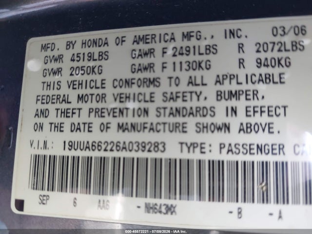 45572221 :رقم المزاد ، 19UUA66226A039283 vin ، 2006 Acura Tl مزاد بيع