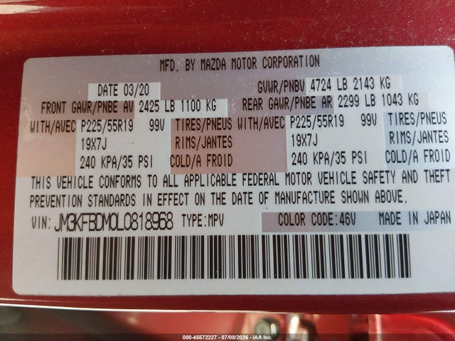45572227 :رقم المزاد ، JM3KFBDM0L0818968 vin ، 2020 Mazda Cx-5 Grand Touring مزاد بيع