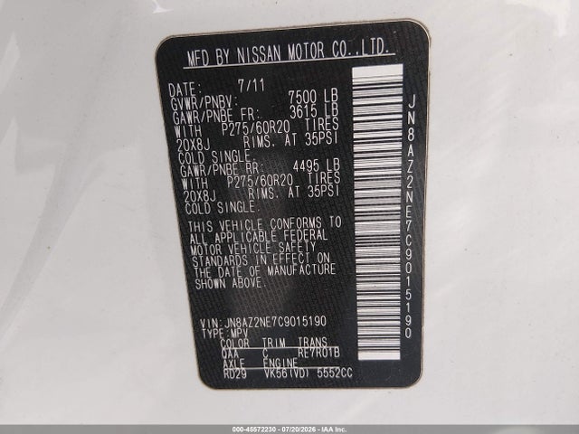 2012 Infiniti Qx56 მანქანა იყიდება აუქციონზე, vin: JN8AZ2NE7C9015190, აუქციონის ნომერი: 45572230