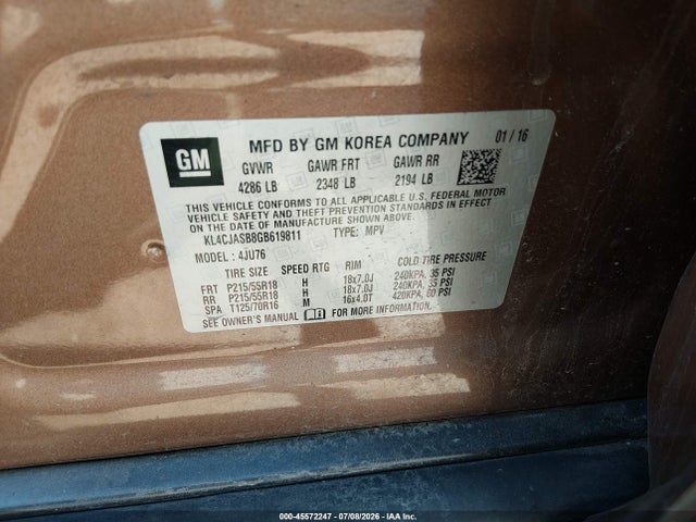 45572247 :رقم المزاد ، KL4CJASB8GB619811 vin ، 2016 Buick Encore مزاد بيع