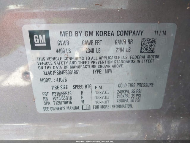 45572265 :رقم المزاد ، KL4CJFSB4FB081961 vin ، 2015 Buick Encore Convenience مزاد بيع