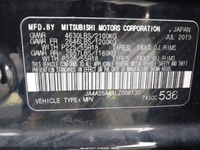 Aukcja sprzedaży 2020 Mitsubishi Eclipse Cross Se 1.5t, vin: JA4AS5AA1LZ006130, numer aukcji: 45572272