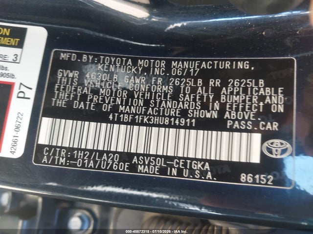 Toyota CAMRY XLE 2017 4T1BF1FK3HU814911 Image 9