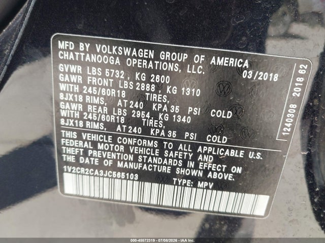 Aukcja sprzedaży 2018 Volkswagen Atlas 3.6l V6 Se, vin: 1V2CR2CA3JC565103, numer aukcji: 45572319